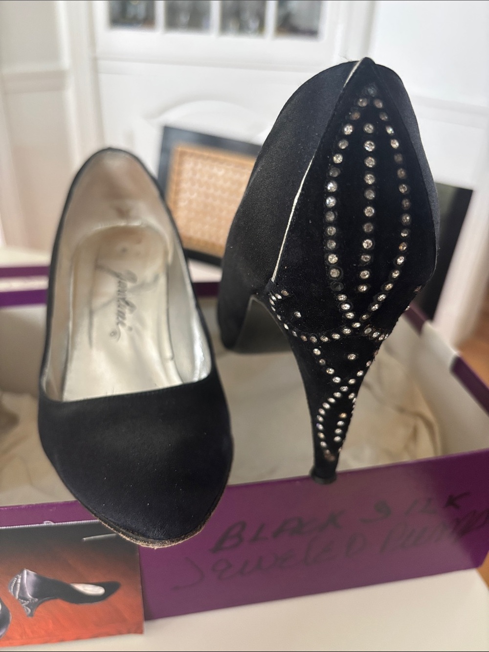 Black Rhinestone-Embellished Pointed-Toe Heels
